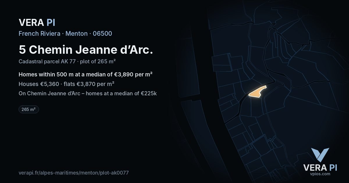 5 Chemin Jeanne d’Arc, Menton at night – the plot lit, the parcels around coloured by the prices near them