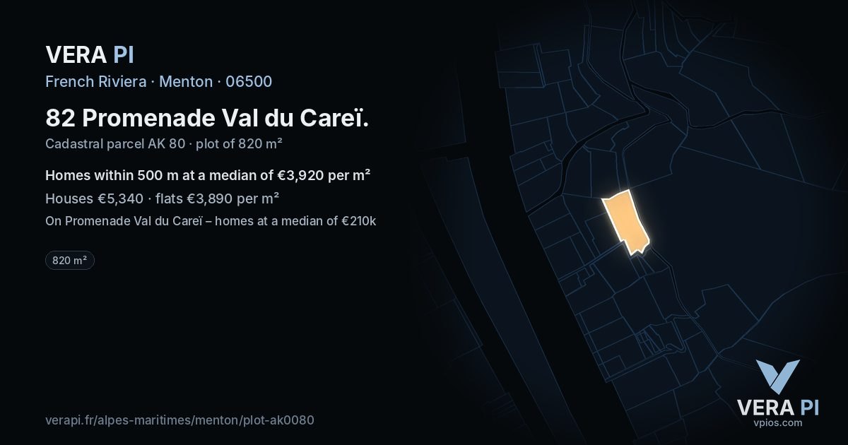82 Promenade Val du Careï, Menton at night – the plot lit, the parcels around coloured by the prices near them