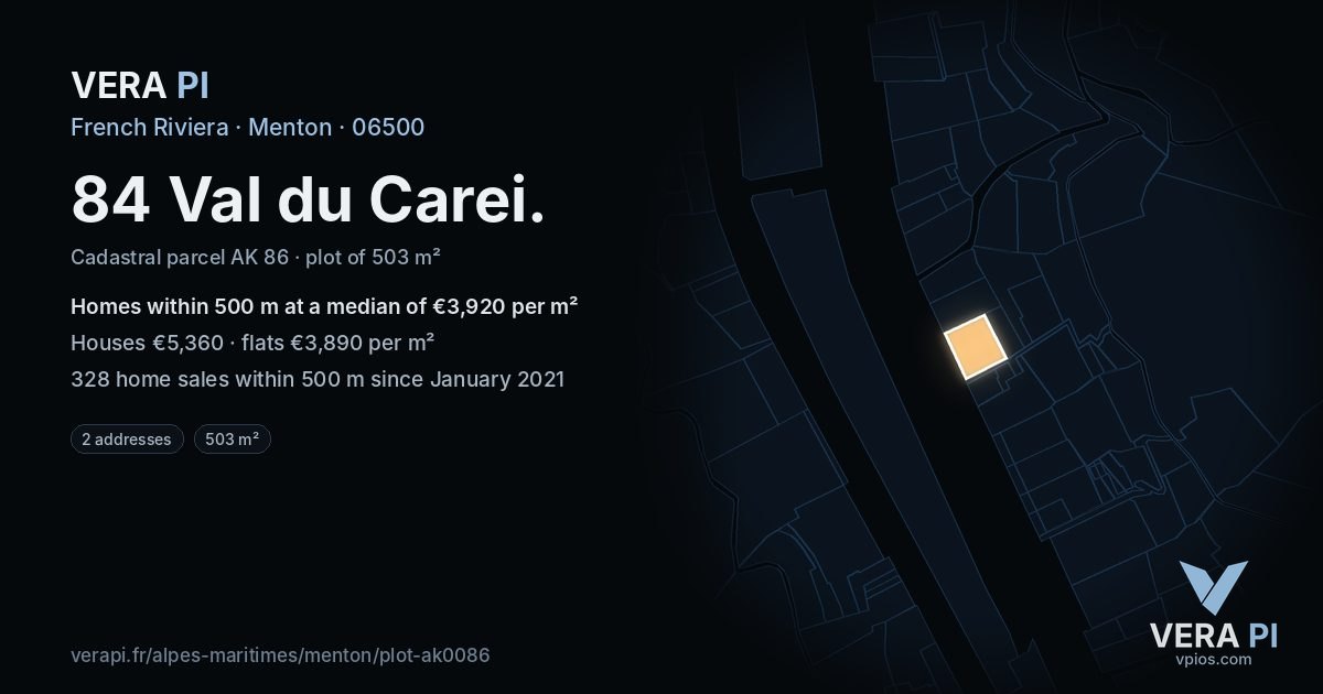 84 Val du Carei, Menton at night – the plot lit, the parcels around coloured by the prices near them