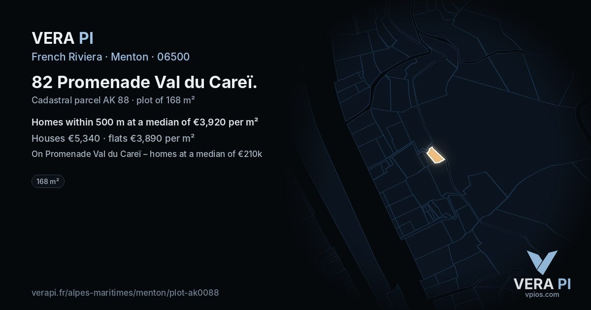 82 Promenade Val du Careï, Menton at night – the plot lit, the parcels around coloured by the prices near them