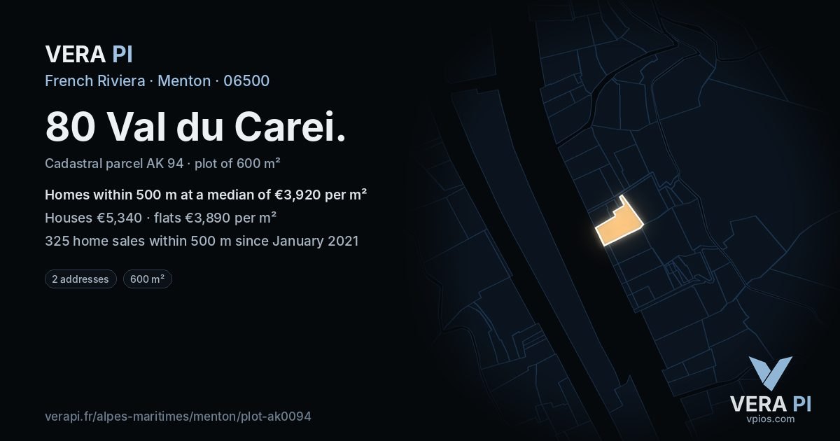 80 Val du Carei, Menton at night – the plot lit, the parcels around coloured by the prices near them