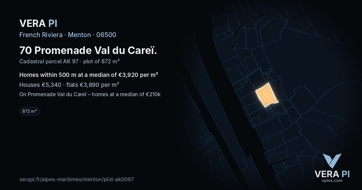 70 Promenade Val du Careï, Menton at night – the plot lit, the parcels around coloured by the prices near them