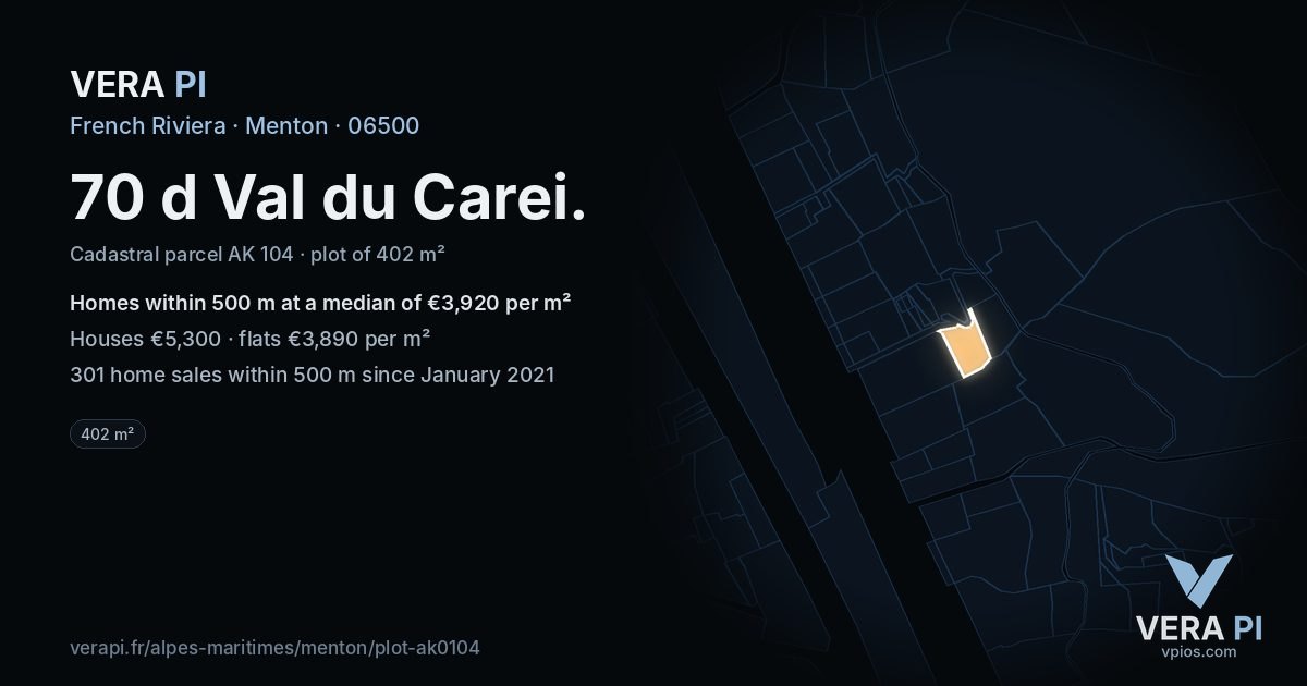 70 d Val du Carei, Menton at night – the plot lit, the parcels around coloured by the prices near them