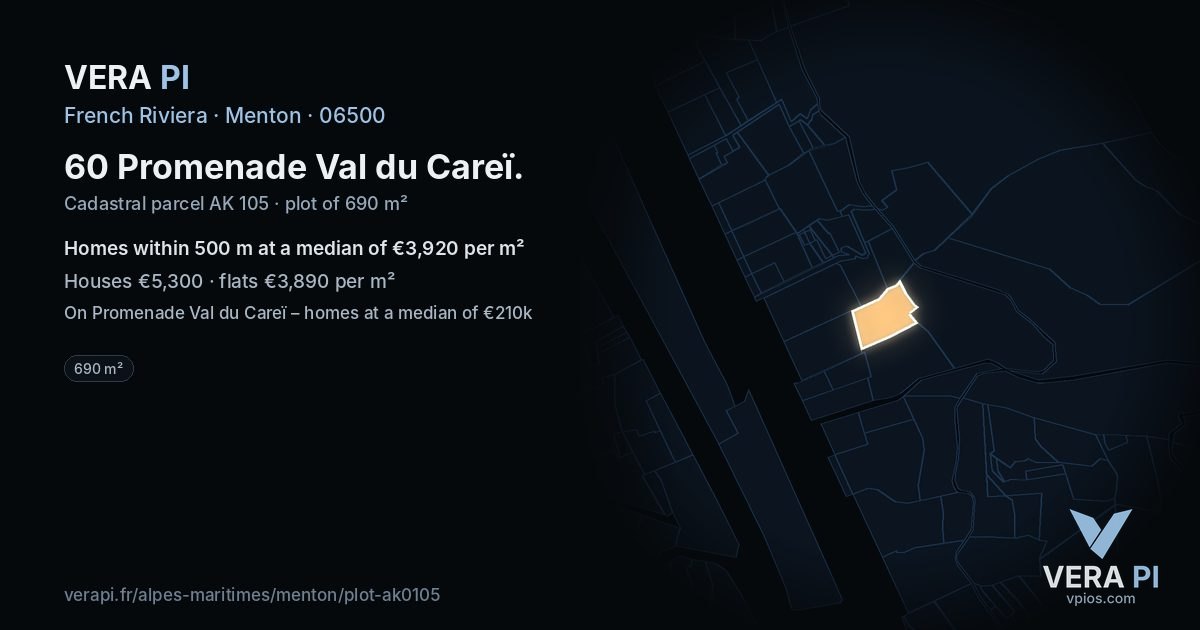 60 Promenade Val du Careï, Menton at night – the plot lit, the parcels around coloured by the prices near them