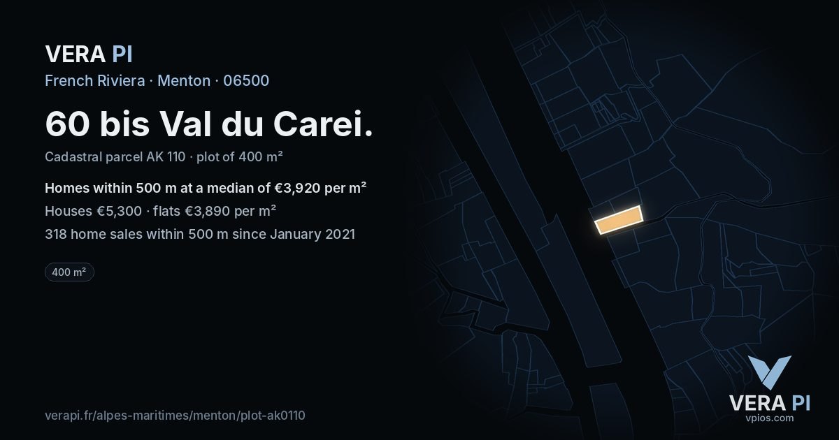 60 bis Val du Carei, Menton at night – the plot lit, the parcels around coloured by the prices near them