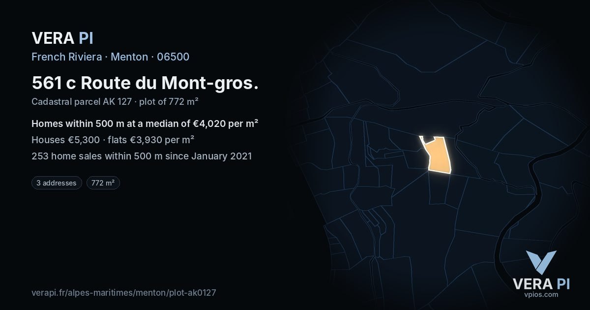 561 c Route du Mont-gros, Menton at night – the plot lit, the parcels around coloured by the prices near them