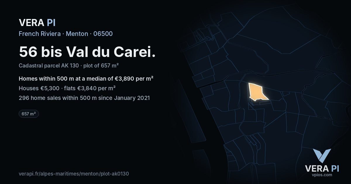 56 bis Val du Carei, Menton at night – the plot lit, the parcels around coloured by the prices near them
