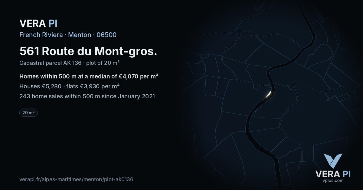 561 Route du Mont-gros, Menton at night – the plot lit, the parcels around coloured by the prices near them