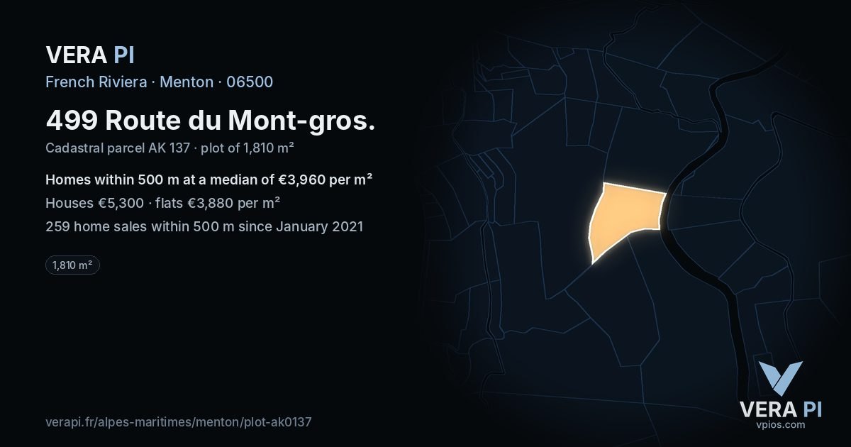 499 Route du Mont-gros, Menton at night – the plot lit, the parcels around coloured by the prices near them
