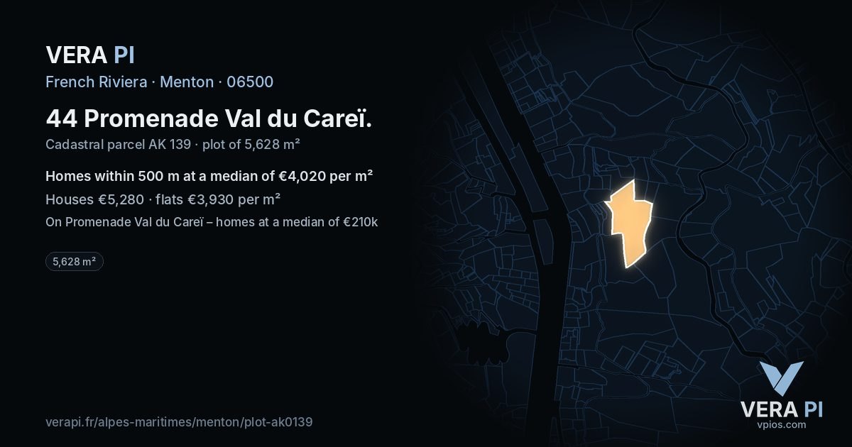 44 Promenade Val du Careï, Menton at night – the plot lit, the parcels around coloured by the prices near them