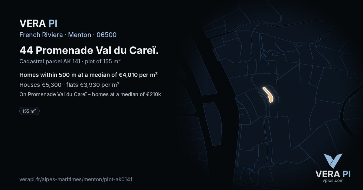 44 Promenade Val du Careï, Menton at night – the plot lit, the parcels around coloured by the prices near them