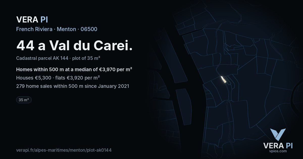 44 a Val du Carei, Menton at night – the plot lit, the parcels around coloured by the prices near them