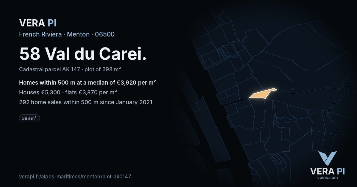 58 Val du Carei, Menton at night – the plot lit, the parcels around coloured by the prices near them