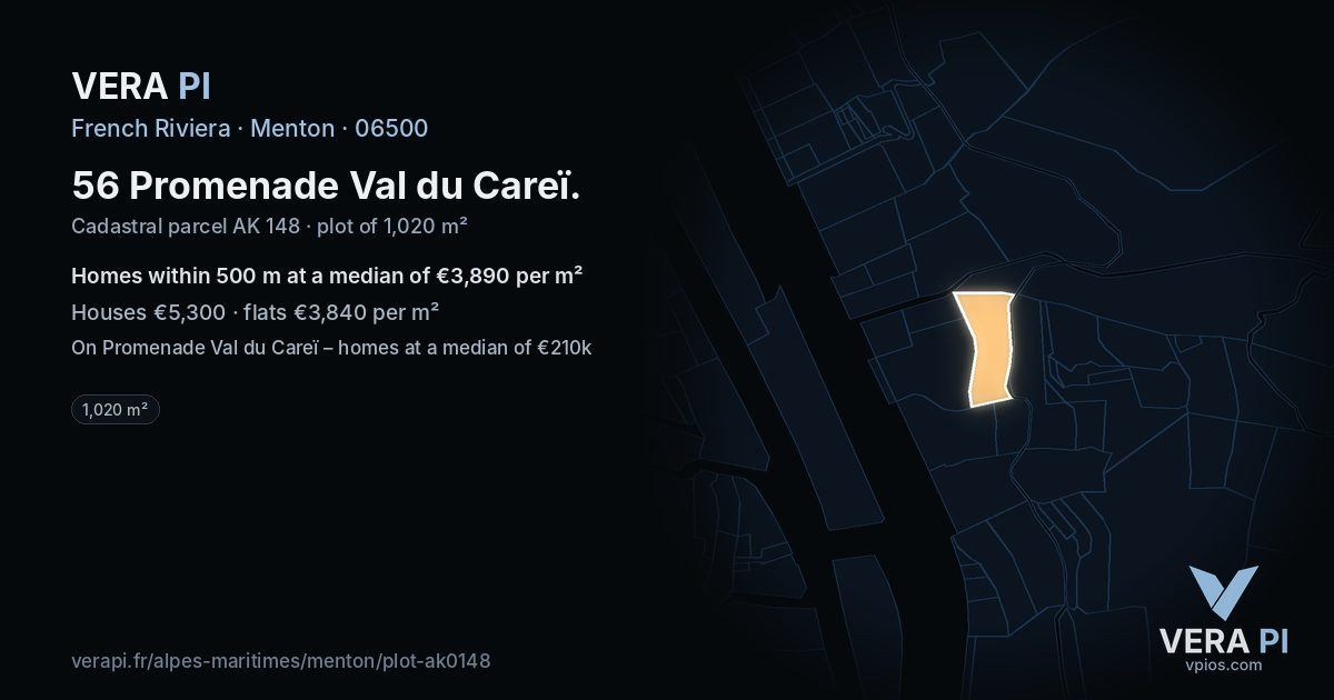 56 Promenade Val du Careï, Menton at night – the plot lit, the parcels around coloured by the prices near them