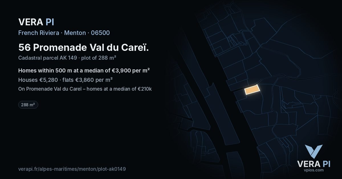 56 Promenade Val du Careï, Menton at night – the plot lit, the parcels around coloured by the prices near them