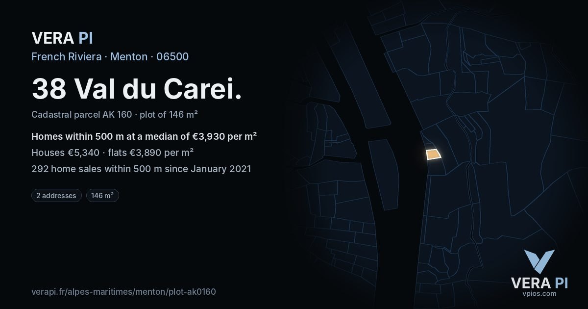 38 Val du Carei, Menton at night – the plot lit, the parcels around coloured by the prices near them