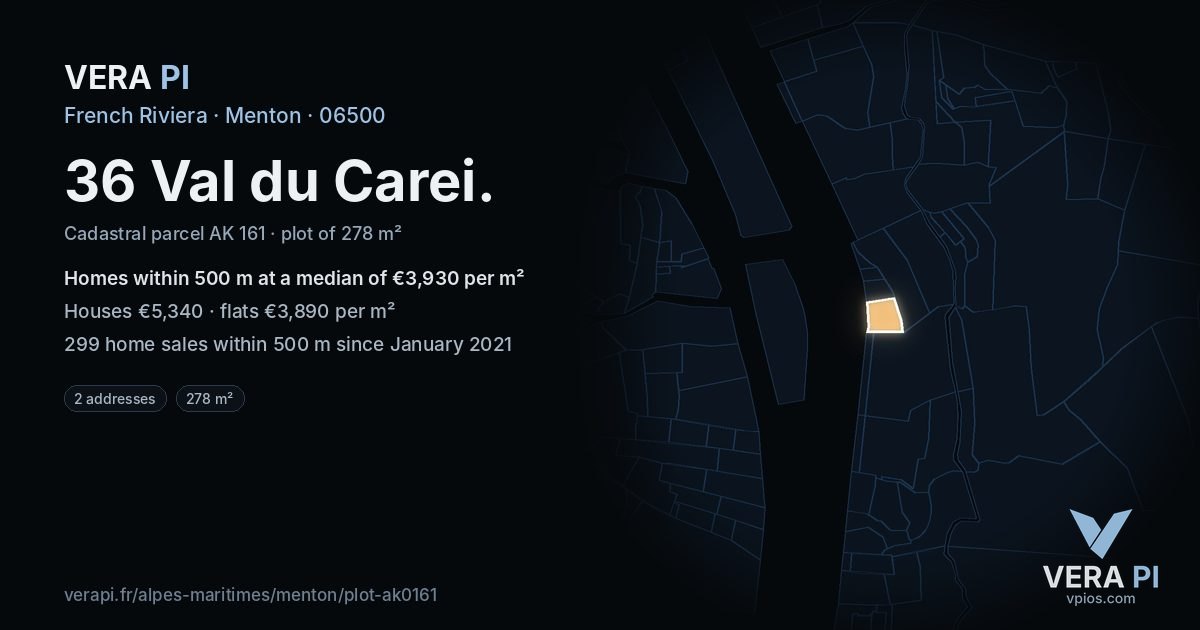36 Val du Carei, Menton at night – the plot lit, the parcels around coloured by the prices near them