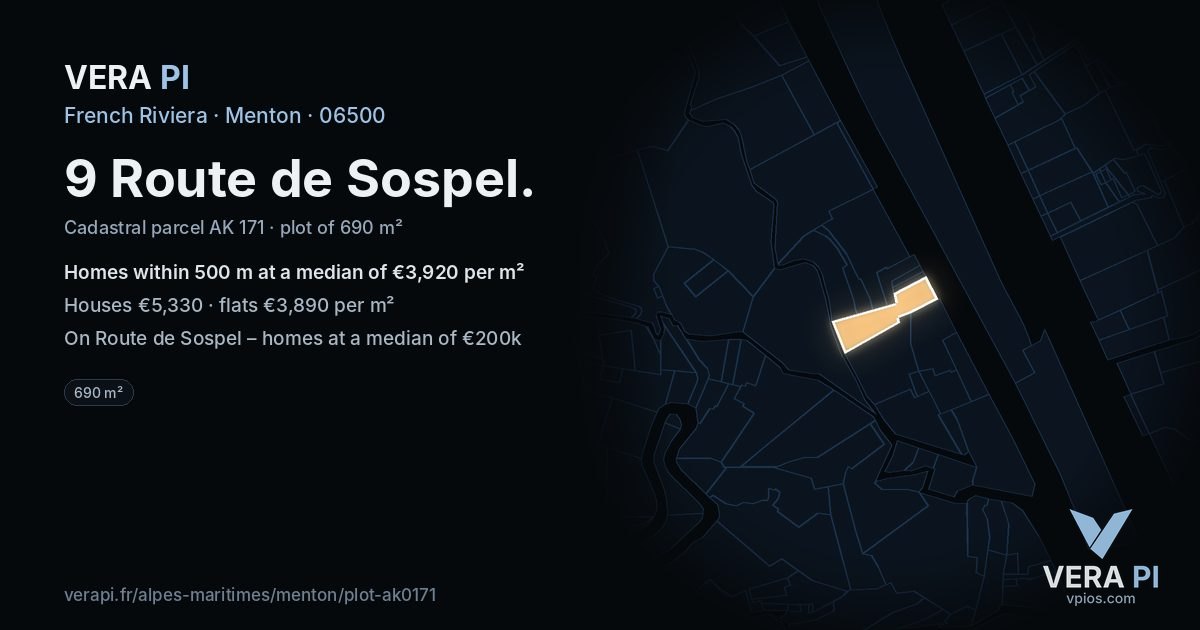 9 Route de Sospel, Menton at night – the plot lit, the parcels around coloured by the prices near them