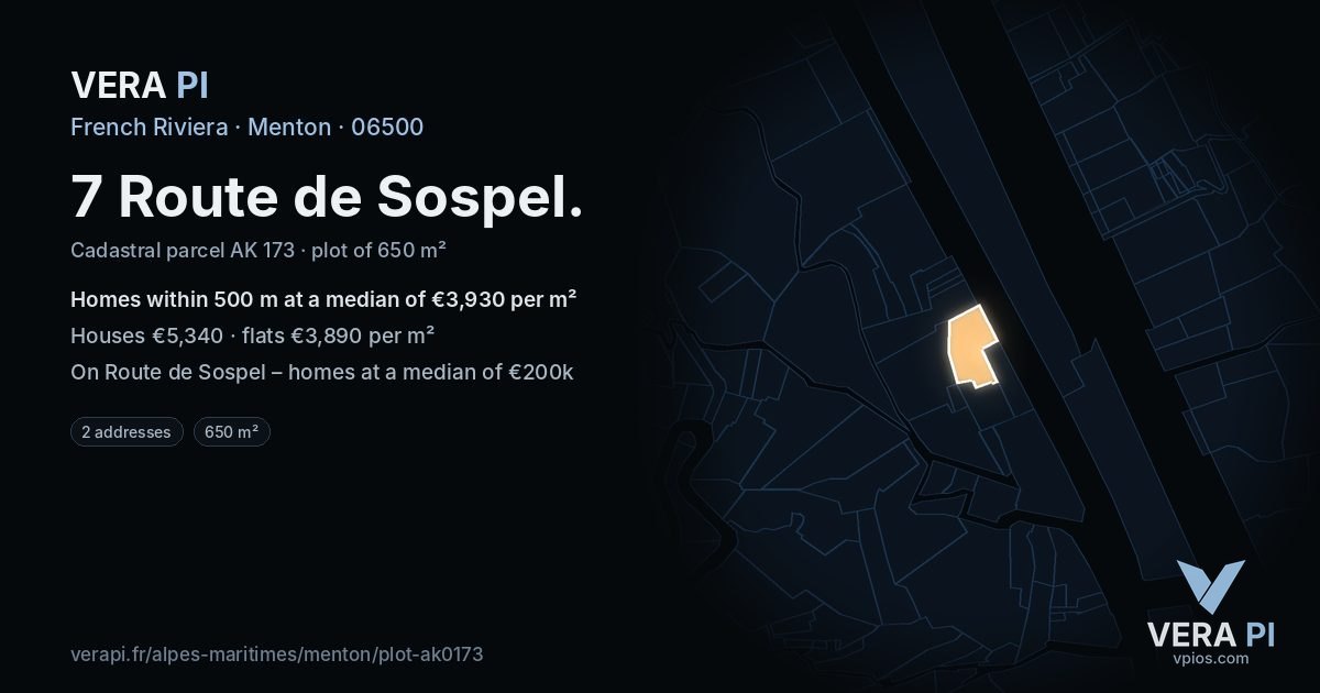 7 Route de Sospel, Menton at night – the plot lit, the parcels around coloured by the prices near them