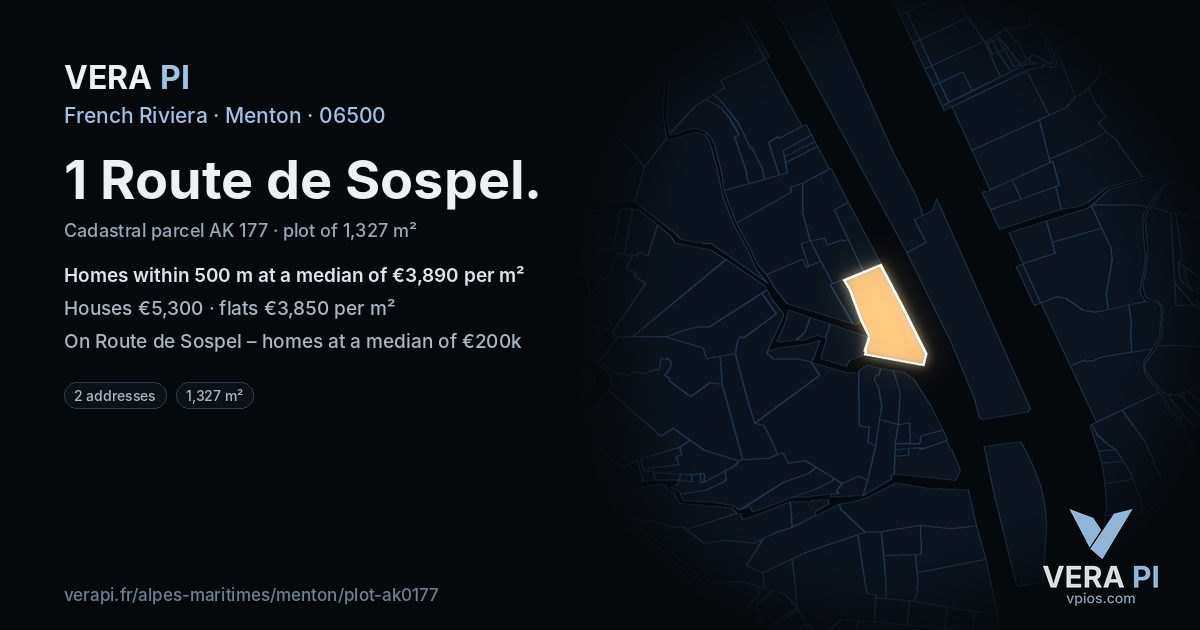 1 Route de Sospel, Menton at night – the plot lit, the parcels around coloured by the prices near them