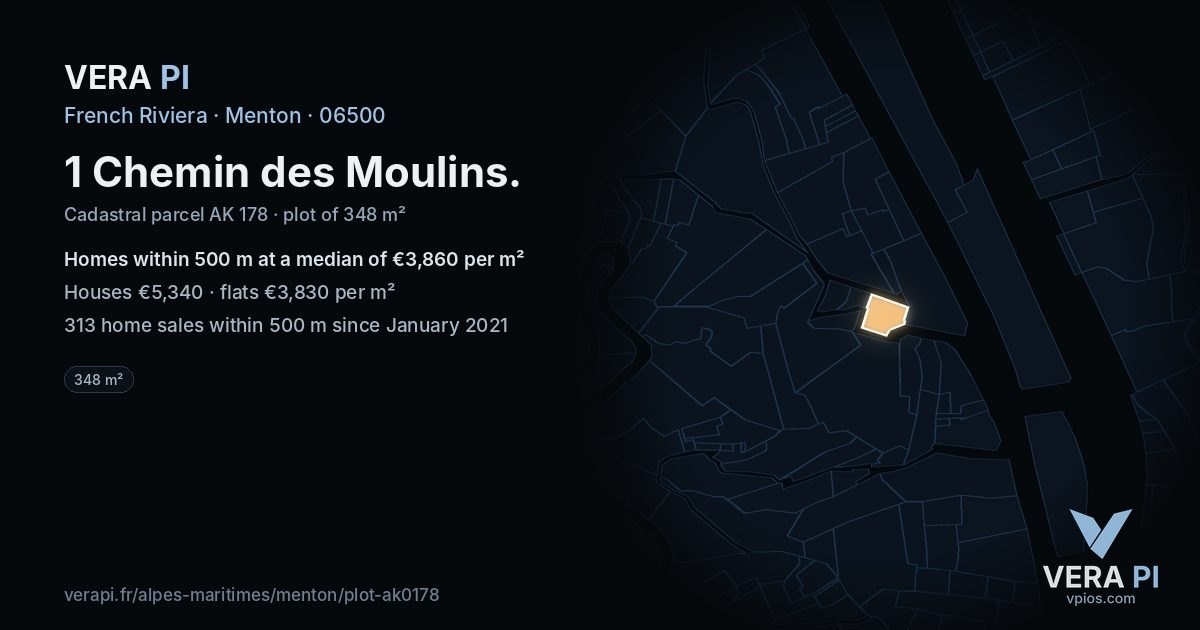 1 Chemin des Moulins, Menton at night – the plot lit, the parcels around coloured by the prices near them