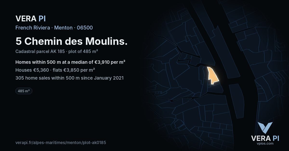 5 Chemin des Moulins, Menton at night – the plot lit, the parcels around coloured by the prices near them