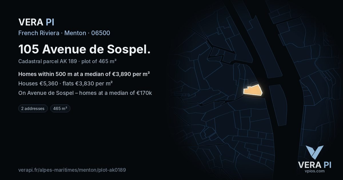 105 Avenue de Sospel, Menton at night – the plot lit, the parcels around coloured by the prices near them