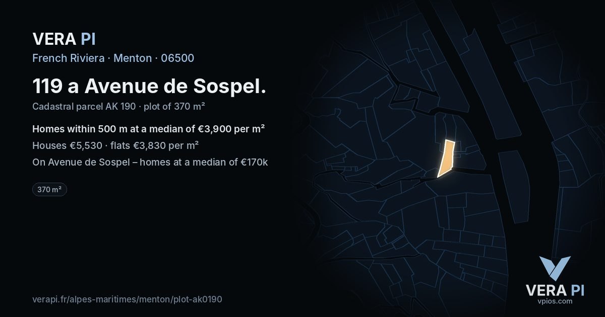 119 a Avenue de Sospel, Menton at night – the plot lit, the parcels around coloured by the prices near them
