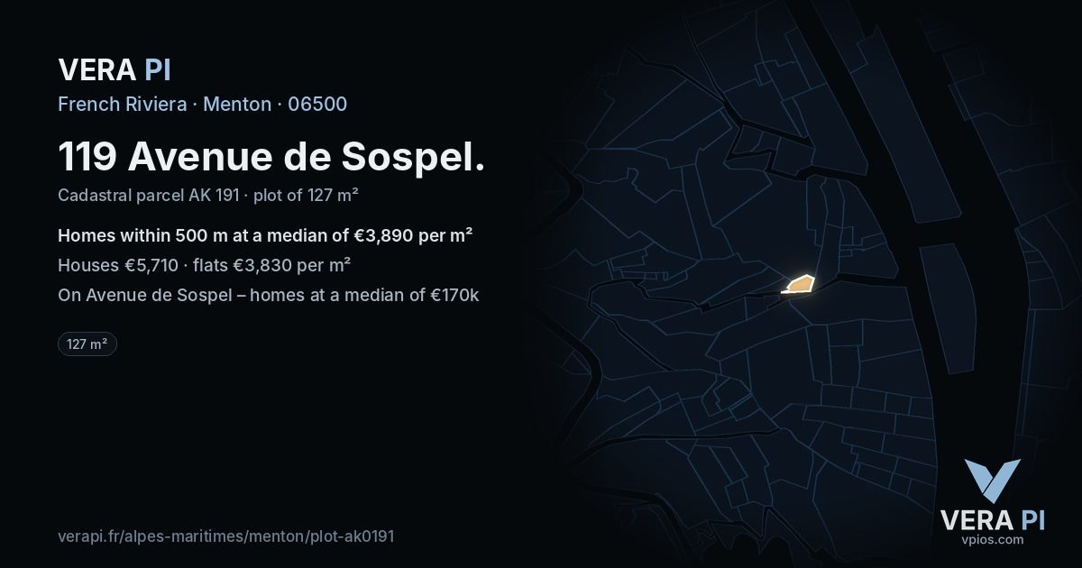 119 Avenue de Sospel, Menton at night – the plot lit, the parcels around coloured by the prices near them