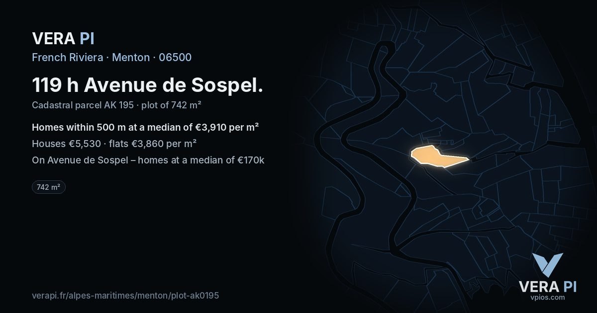 119 h Avenue de Sospel, Menton at night – the plot lit, the parcels around coloured by the prices near them