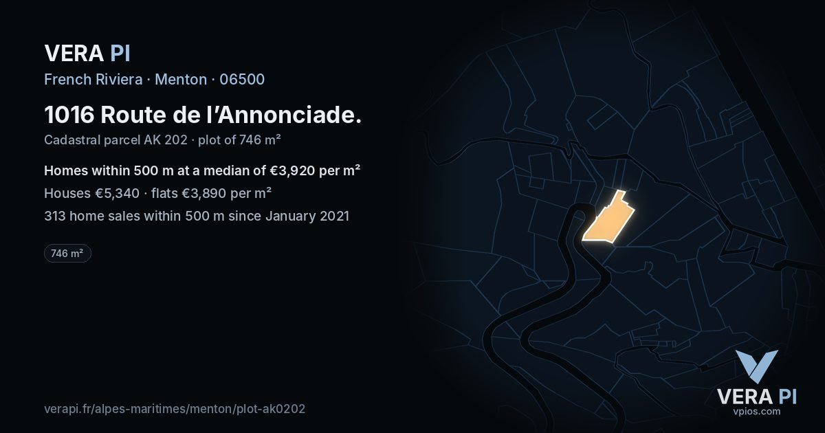 1016 Route de l’Annonciade, Menton at night – the plot lit, the parcels around coloured by the prices near them