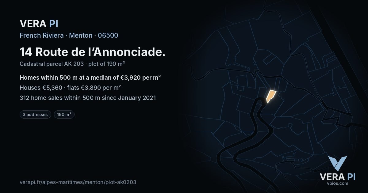 14 Route de l’Annonciade, Menton at night – the plot lit, the parcels around coloured by the prices near them