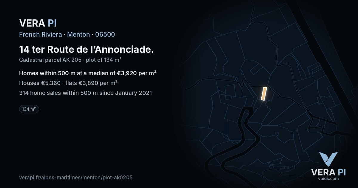 14 ter Route de l’Annonciade, Menton at night – the plot lit, the parcels around coloured by the prices near them