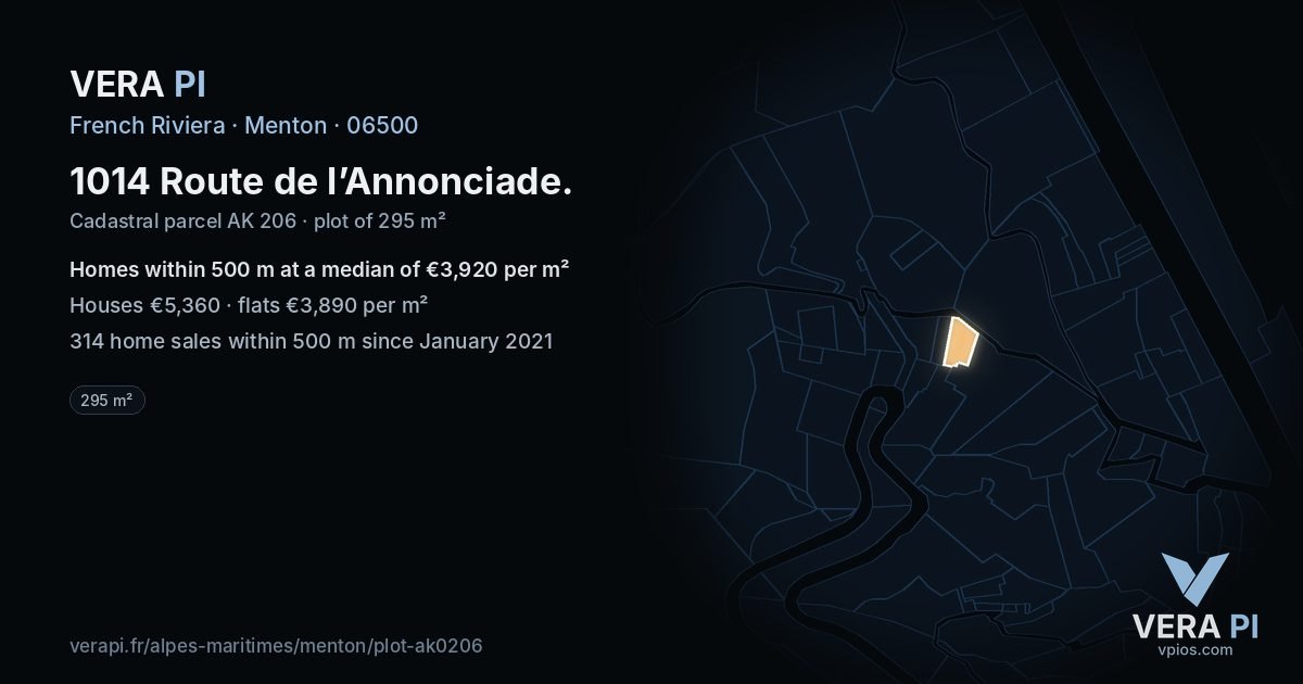 1014 Route de l’Annonciade, Menton at night – the plot lit, the parcels around coloured by the prices near them