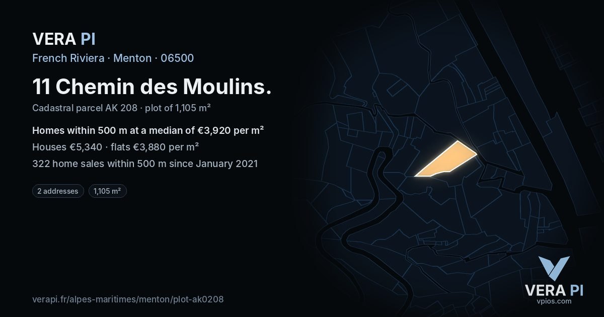 11 Chemin des Moulins, Menton at night – the plot lit, the parcels around coloured by the prices near them