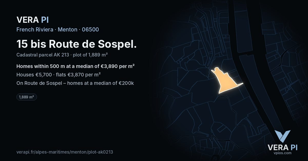 15 bis Route de Sospel, Menton at night – the plot lit, the parcels around coloured by the prices near them