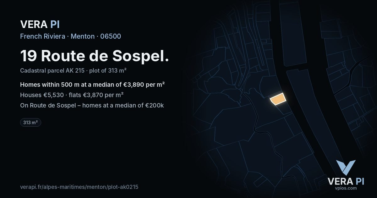 19 Route de Sospel, Menton at night – the plot lit, the parcels around coloured by the prices near them