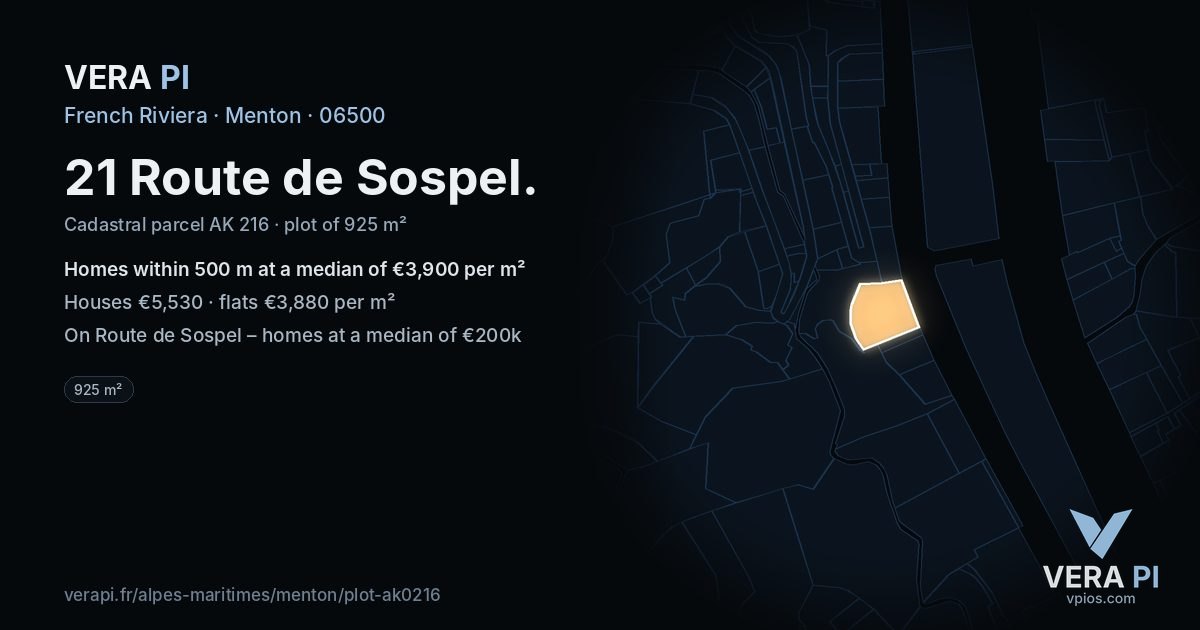 21 Route de Sospel, Menton at night – the plot lit, the parcels around coloured by the prices near them