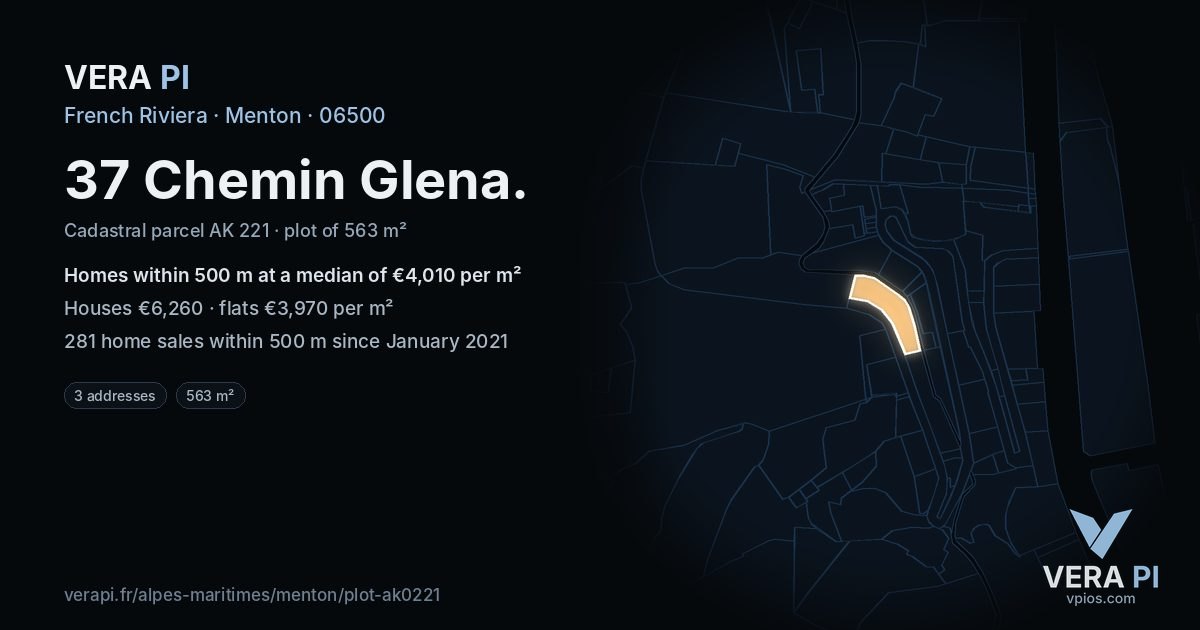 37 Chemin Glena, Menton at night – the plot lit, the parcels around coloured by the prices near them