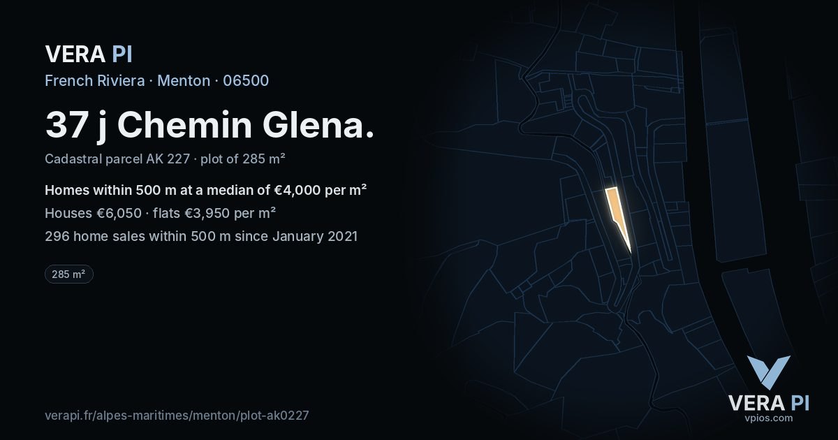 37 j Chemin Glena, Menton at night – the plot lit, the parcels around coloured by the prices near them