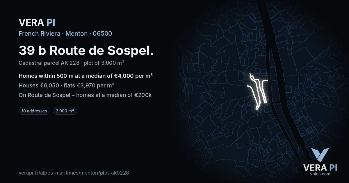 39 b Route de Sospel, Menton at night – the plot lit, the parcels around coloured by the prices near them