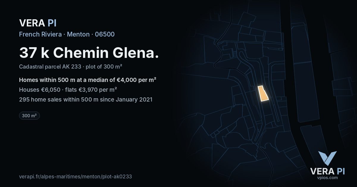 37 k Chemin Glena, Menton at night – the plot lit, the parcels around coloured by the prices near them
