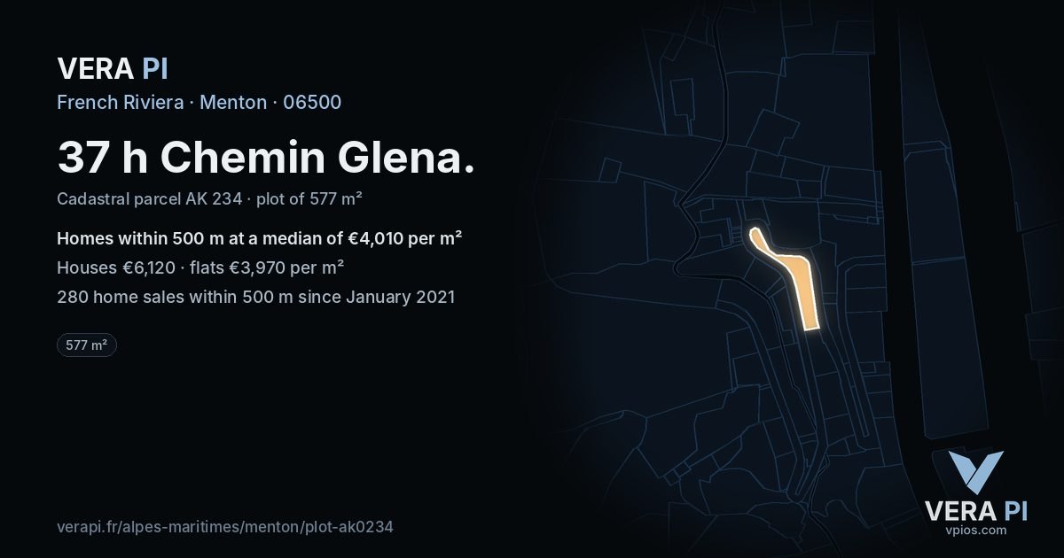 37 h Chemin Glena, Menton at night – the plot lit, the parcels around coloured by the prices near them