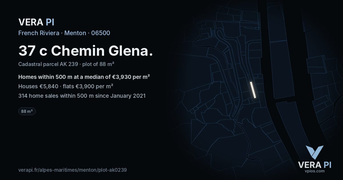 37 c Chemin Glena, Menton at night – the plot lit, the parcels around coloured by the prices near them
