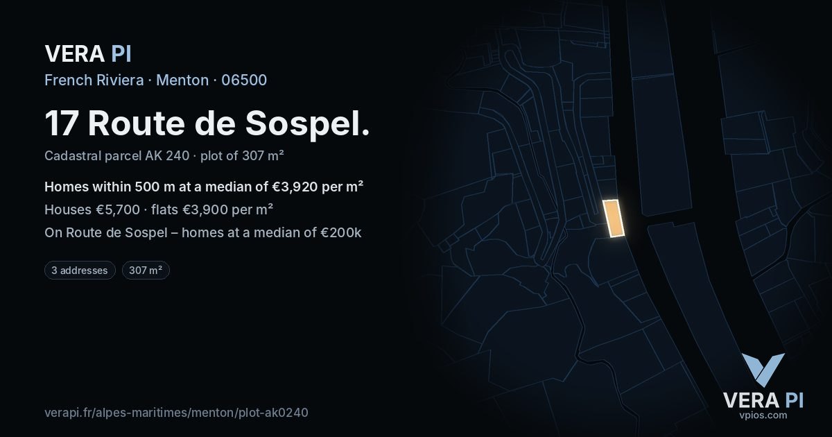 17 Route de Sospel, Menton at night – the plot lit, the parcels around coloured by the prices near them