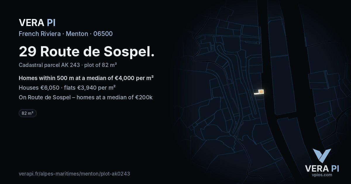 29 Route de Sospel, Menton at night – the plot lit, the parcels around coloured by the prices near them