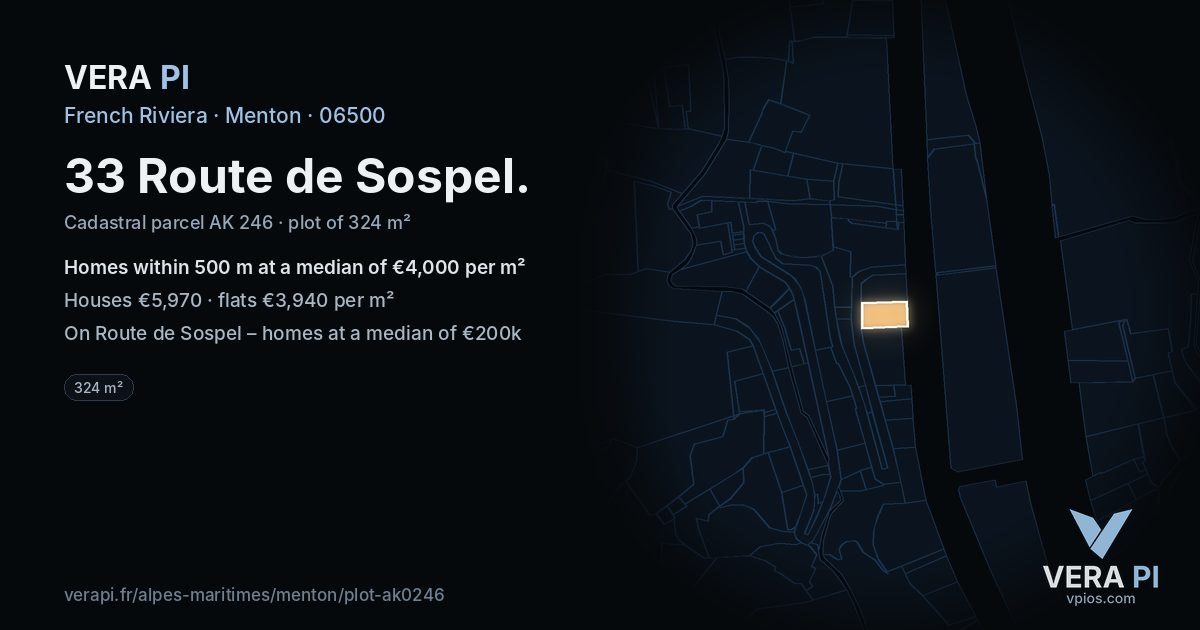 33 Route de Sospel, Menton at night – the plot lit, the parcels around coloured by the prices near them