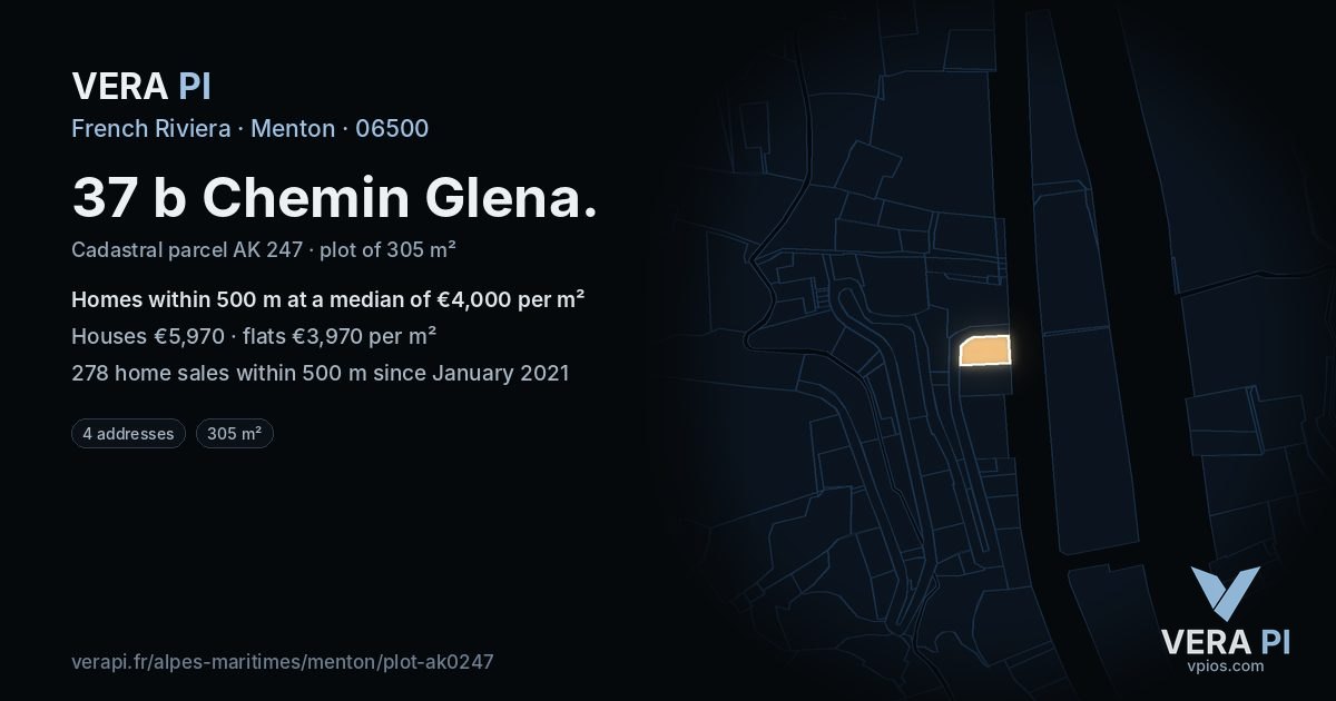 37 b Chemin Glena, Menton at night – the plot lit, the parcels around coloured by the prices near them