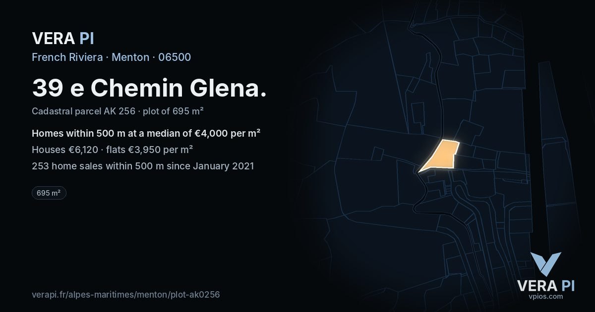 39 e Chemin Glena, Menton at night – the plot lit, the parcels around coloured by the prices near them