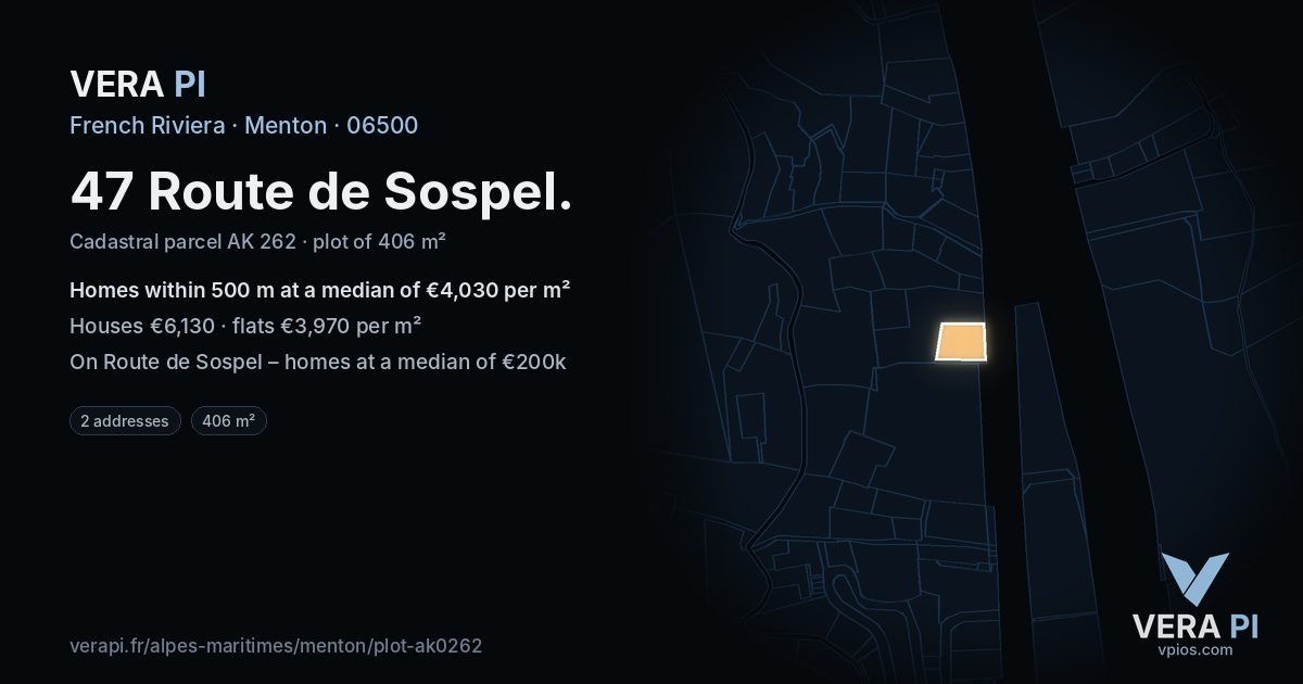 47 Route de Sospel, Menton at night – the plot lit, the parcels around coloured by the prices near them